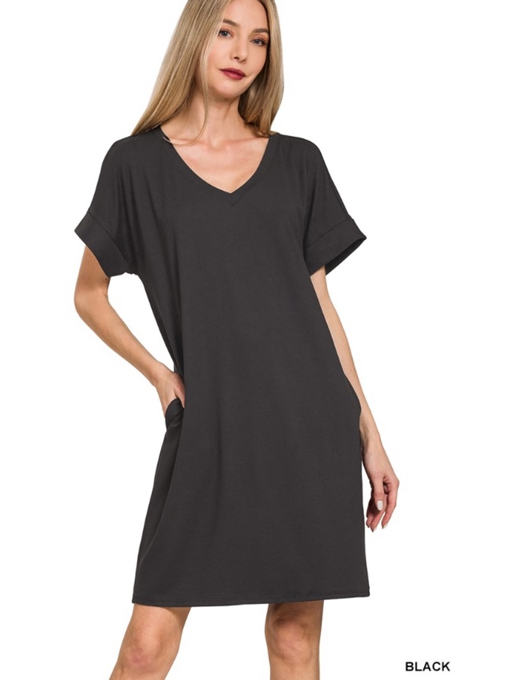 311-BLACK ❤️Zenana BUTTERY SOFT BRUSHED DTY ROLLED SHORT SLEEVE V-NECK
DRESS